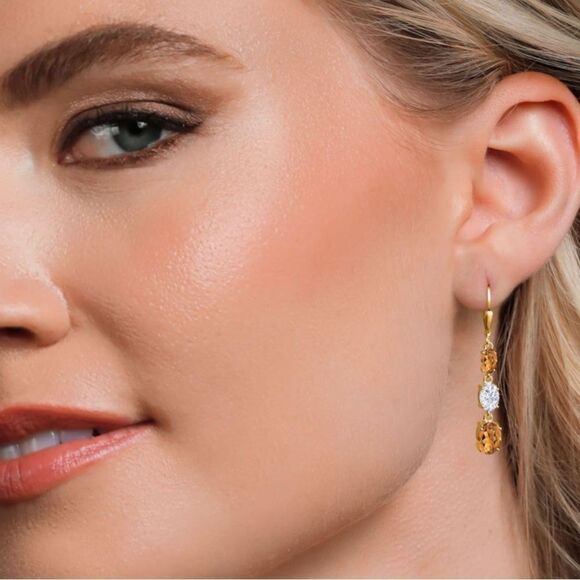 18K Yellow Gold with 4.80 Cttw 3 Stone Madeira Citrine and Moissanite Earrings - Picture 3 of 5